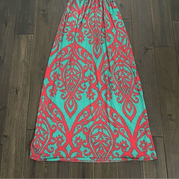 Cezanne Strapless Teal & Red Damask Print Maxi Dress M - Picture 2 of 5